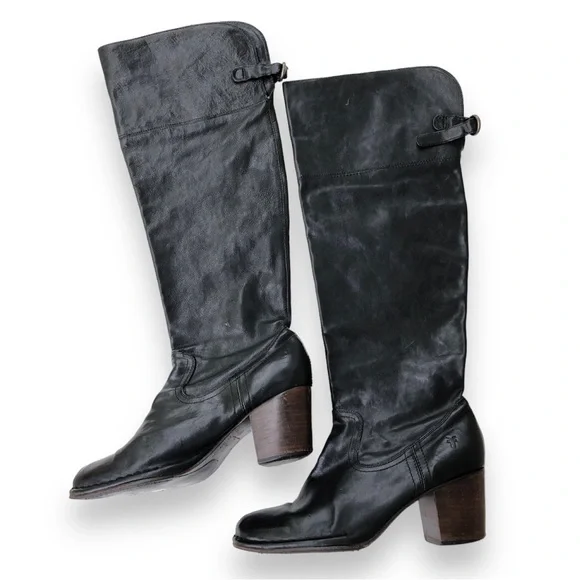 Frye Tall Boots Over the Knee Black Leather Western Block Heel Size 11 M Cowboy - Picture 5 of 16